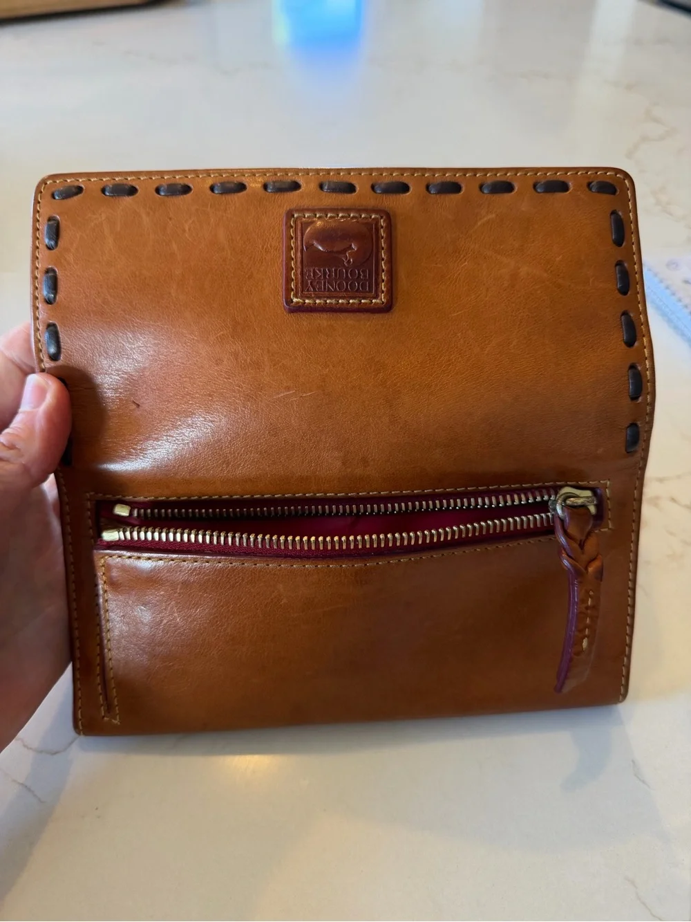 Dooney & Bourke Cognac Leather Tri Fold Wallet with Whipstitch Trim